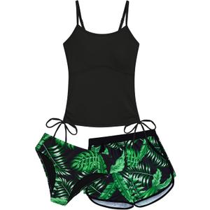 Girls Swimsuit 3 Piece Tankini Girls Swimwear Swim Shorts with Pockets Bathing Suit for Teen Girls (Black, 10Y)