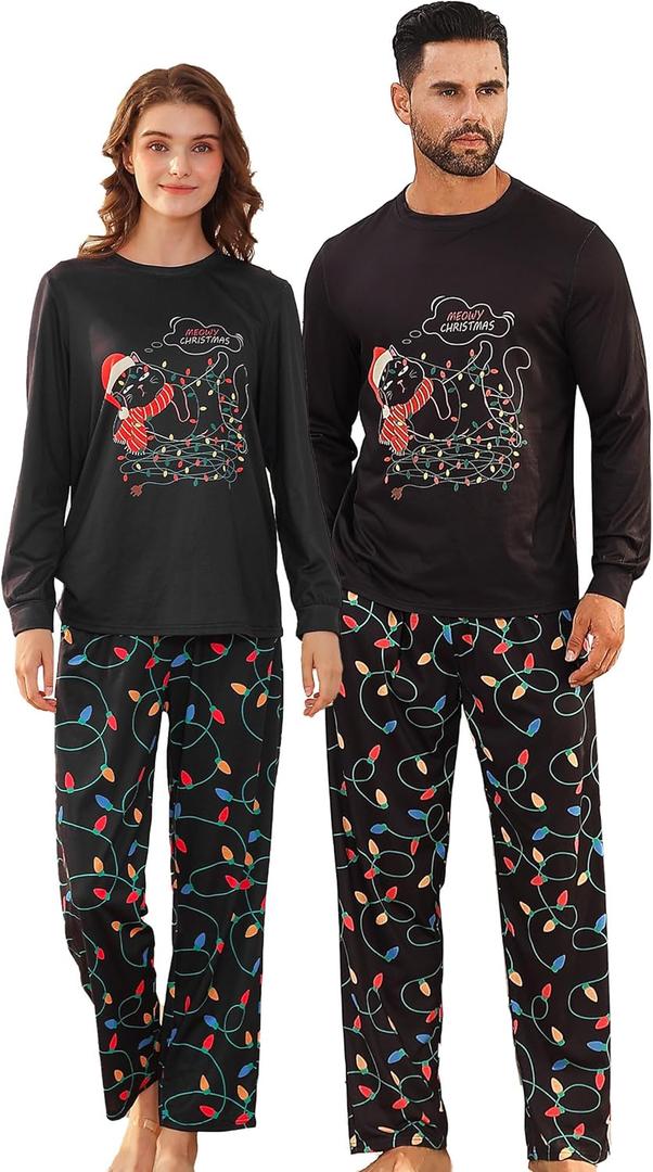 ALISISTER Matching Christmas Pajamas for Couples Men and Women Xmas Pjs Sets Long Sleeve Sleepwear (Medium, 02 Cat Lights)