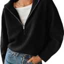 BTFBM Womens Sweaters Quarter Zip Pullover V Neck Collar Long Sleeve Ribbed Knit Loose Casual 2026 Winter Fall Sweater(Black, Small)