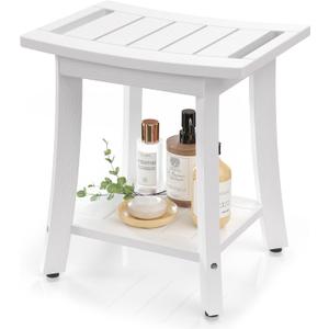Waterproof Shower Benches for Inside Shower, Poly Lumber Shower Stool with Storage Shelf & Adjustable Feet, SPA Bathroom Seat Chair for Shaving Legs, Indoor or Outdoor Use, White