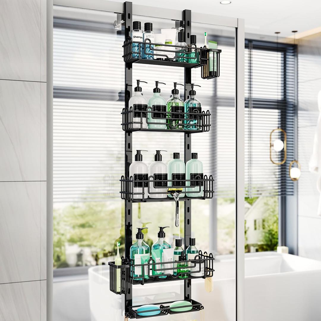 HapiRm 5 Tier Over the Door Shower Caddy, Hanging Shower Caddy with 28 Hooks and 2 Toothbrush Holders, No Drilling Adjustable Hanging Bathroom Organizer - Black
