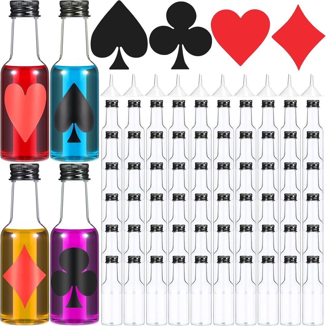 60 Pack Casino Mini Liquor Bottles Set Poker Party Decor 1.6oz Las Vegas Shot Bottles with Caps, 10 Funnels, 60 Labels Casino Game Night Decoration Birthday Christmas Party Favor Gifts Supplies