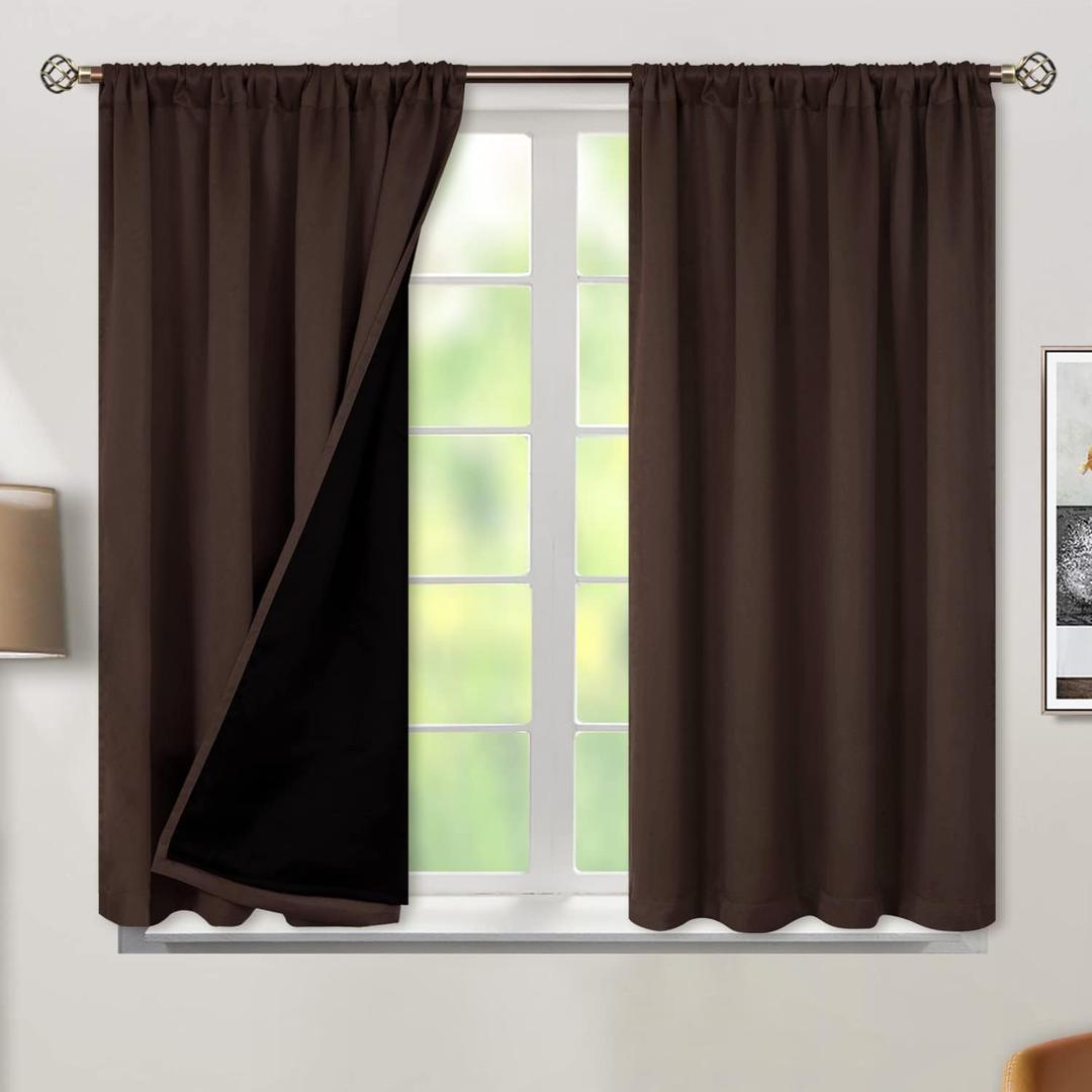 BGment Thermal Insulated 100% Blackout Curtains for Bedroom with Black Liner, Double Layer Full Room Darkening Noise Reducing Rod Pocket Curtain (52 x 54 Inch, Brown, 2 Panels) (52"W x 54"L (Pack of 2))