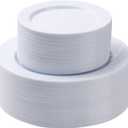 100PCS White Plastic Plates Set, 50 10.25 inch Dinner Plate and 50 7.5 inch Dessert Plates, Premium Disposable Plates for Party, Wedding