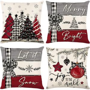 Ni-JASW Red Grey Plaid Christmas Throw Pillow Covers 18x18 inch, Farmhouse Let it Snow Tree Balls Xmas Cushion Case for Sofa Couch Set of 4