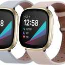 2 Pack Leather Bands Compatible with Fitbit Versa 3 / Fitbit Sense, Classic Soft Leather Replacement Wristbands for Women & Men (Apricot & Grey)