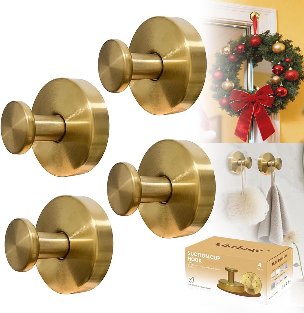 Suction Cup Hooks, Suction Cup Hooks for Shower,Removable Towel Hooks for Bathroom Window Glass Door Wall, Bath Robe Looafh Wreath Hook for Hanging (Gold)