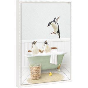 Kate and Laurel Sylvie Beaded Penguins in Cottage Bath Vintage Framed Canvas Wall Art by Amy Peterson, 18x24 White, Modern Cute Animal Bathtub Art for Wall