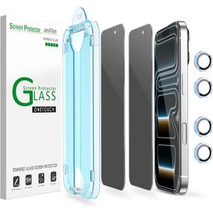amFilm OneTouch Privacy Screen Protector for iPhone 17 Pro 6.3'' + Camera Lens Protector | Auto-Alignment Install | Bubble Free | 9H Tempered Glass | Shatterproof | FHD Clarity | 2+4 Pack