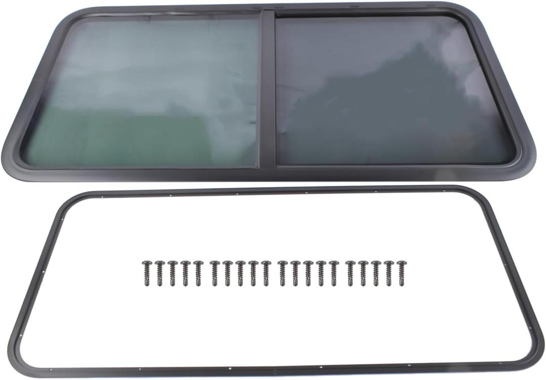 48" W x 22" H Horizontal Sliding RV Window W/Net Screen, Easy-Slide Design, DOT-Approved Black Tempered Glass, Suitable for 1-1/2" Wall Thickness for Cargo Travel Trailer, Camper, Cargo Van Vahaha