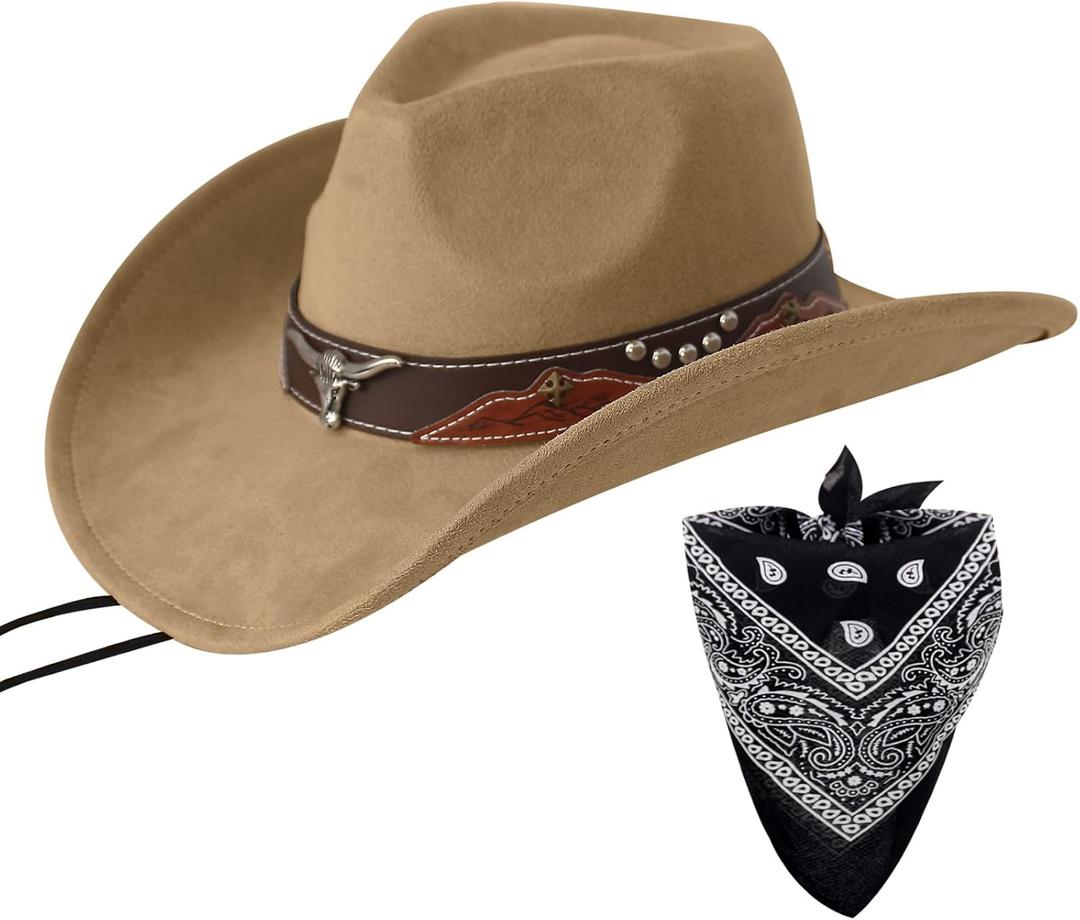 Wildarms Cowboy Hat with Bandana - Adjustable Wide Brim Western Hat for Men & Women,Rodeo Christmas Cowgirl Hats Gifts (Medium, Bull2-camel)