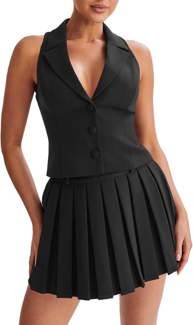 Cicy Bell Womens Summer 2 Piece Outfits V Neck Blazer Vest Matching Sets and Mini Pleated Skirts (X-Large, Black)