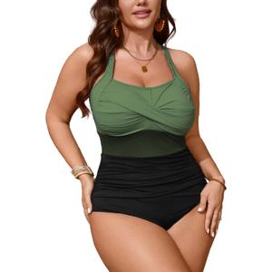 SCOMCHIC Women Plus Size One Piece Swimsuit Tummy Control Bathing Suit Color Block Ruched Swim Suits Swimwear (XX-Large Plus, Green and Black)