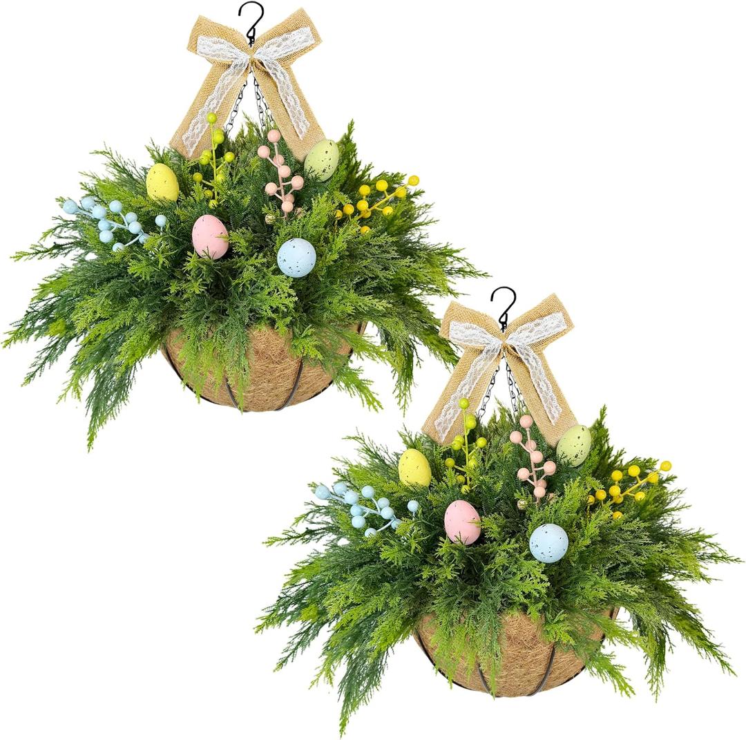 Set of 2 Easter Artificial Hanging Plant Flower Baskets, Fake Planter Hanging with 24 Pcs Cypress Leaves, Faux Ferns with Easter Eggs & Berries for Outdoor Spring Decor Porch, Garden, Patio