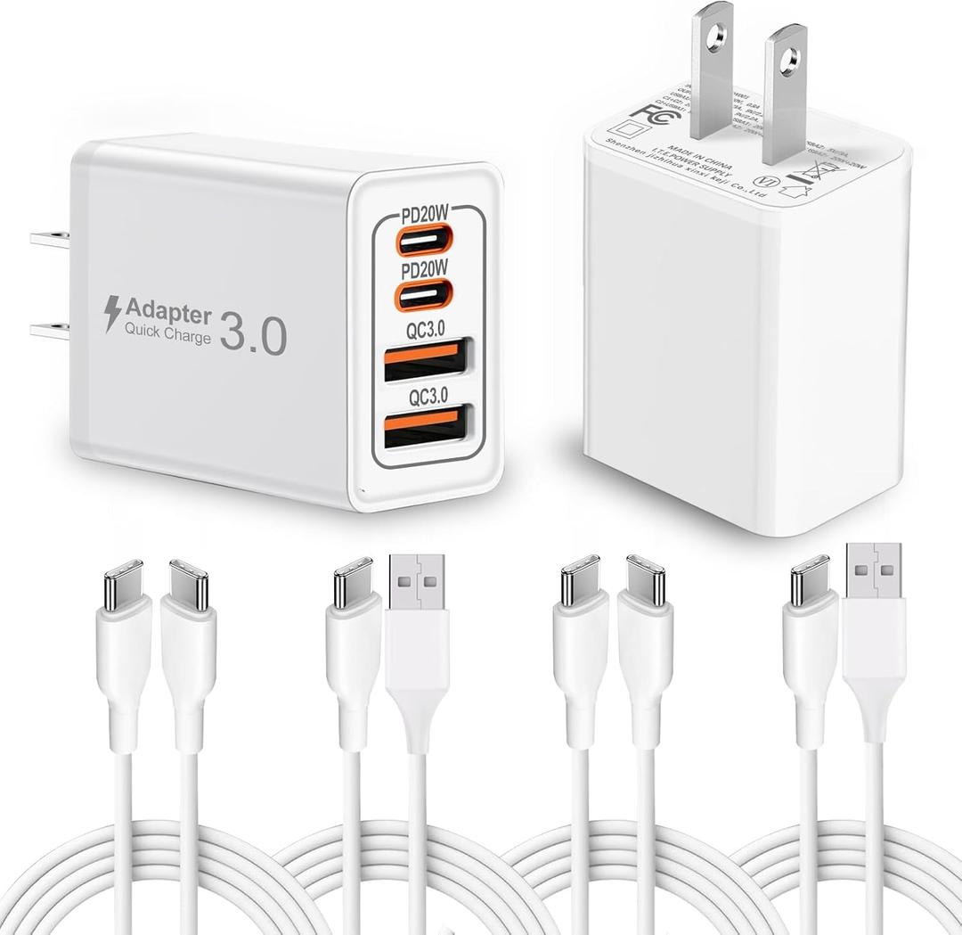 2-Pack 40W Fast Charger,2 Pack USB-C and 2 Pack Type C-C Fast Charging Cable,4-Port PD Power Adapter for iPhone 17/Pro/Pro Max/17 Air/ 16 Series/15 Series,iPad,AirPods,Watch,Samsung and More