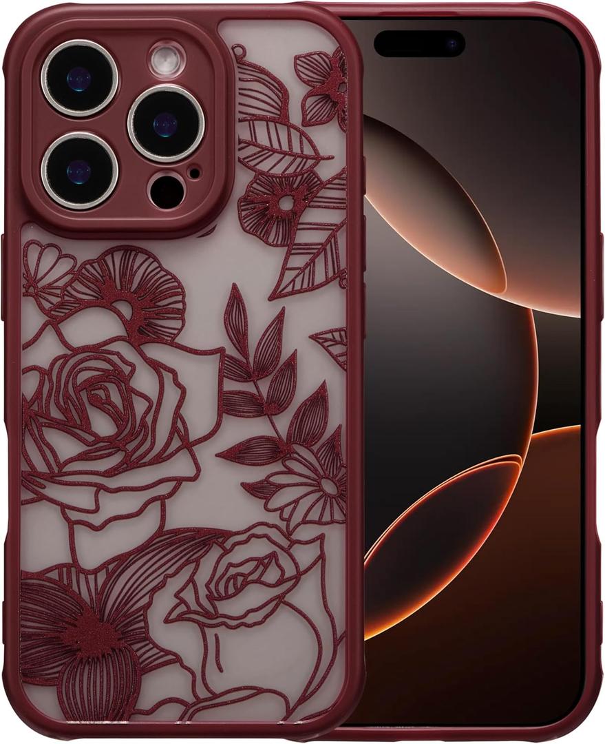 XIZYO for iPhone 16 Pro Max Case, Floral Rose Cute Phone Case for Women Girls Burgundy Aesthetic Pattern Print Slim TPU Bumper Shockproof Protective Cover for iPhone 16 Pro Max 6.9 Inch, Wine Red