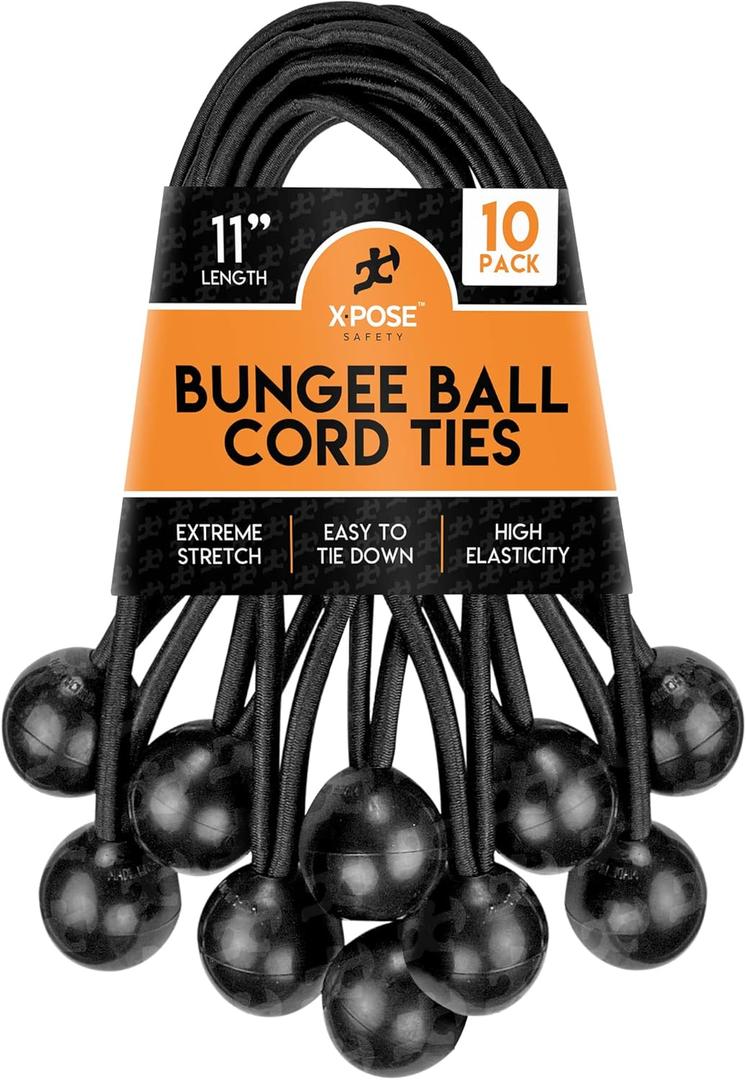 Xpose Safety Bungee Ball Cords 11" 10 Pack Heavy Duty Black Stretch Rope with Ball Ties for Canopies, Tarps, Walls, Cable Organization