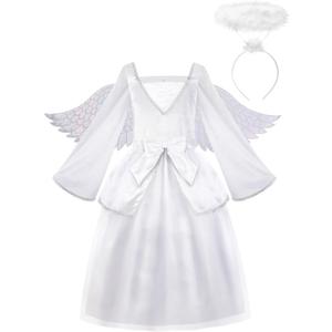 ReliBeauty Angel Costume for Kids White Fancy Princess Tulle Dress with Wings and Halo (Size 59.06 inch/150)
