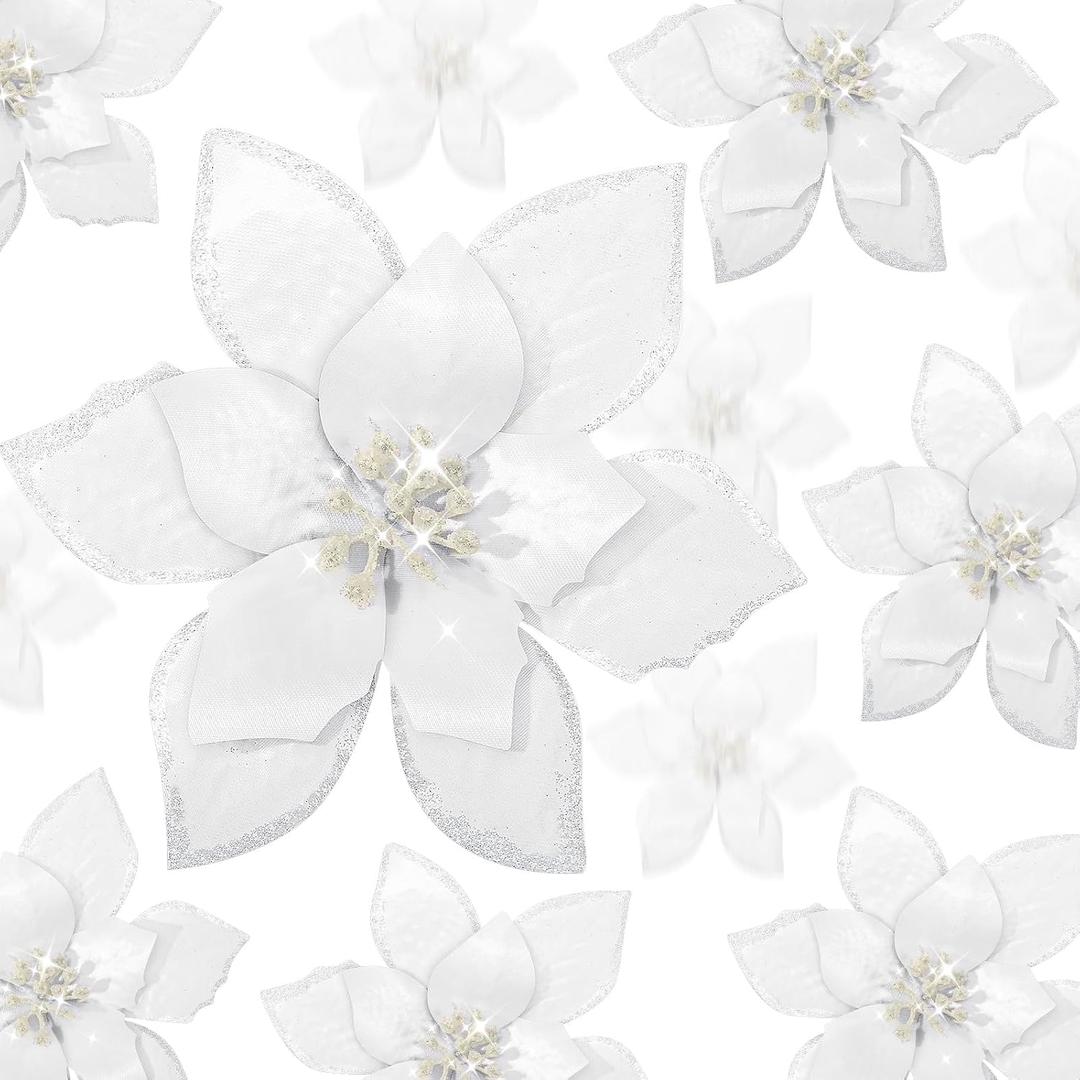WILLBOND 24 Pcs 3 Size Poinsettia Flower Artificial Christmas Decor Glitter Poinsettia Christmas Ornaments Faux Flowers for Xmas Tree Outdoor(4/6/7.9 Inches,White)
