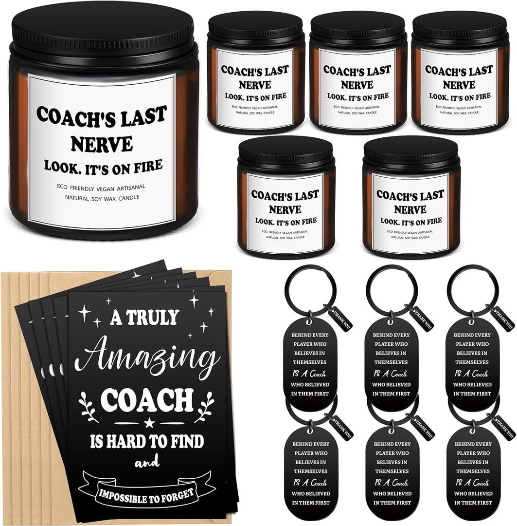 Nuanchu 18 Pcs Softball Coach Gifts Set Include 2 Scented Coach Candle 2 Thank You Keychain 6 Card Appreciation Gift for Men Women from Cheer Tennis Basketball Soccer Baseball Wrestling Team