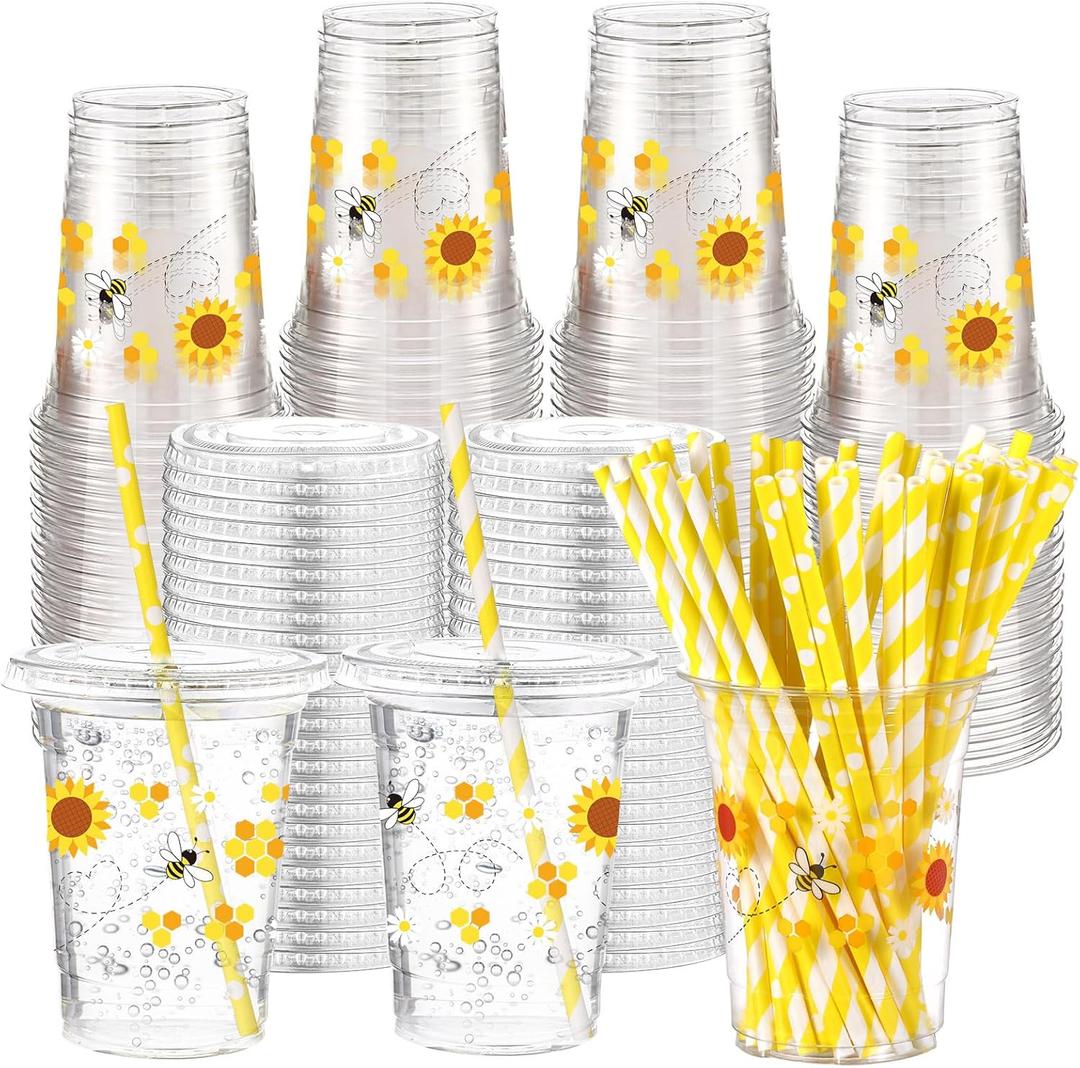 Funnymoom 50 Sets Bee Theme Party Supplies Honeybee Plastic Cups with Lids and Straws 16 oz Clear Honeybee Disposable Drinking Cups Bulk for Bee Theme Party Favors Birthday Baby Shower Supplies