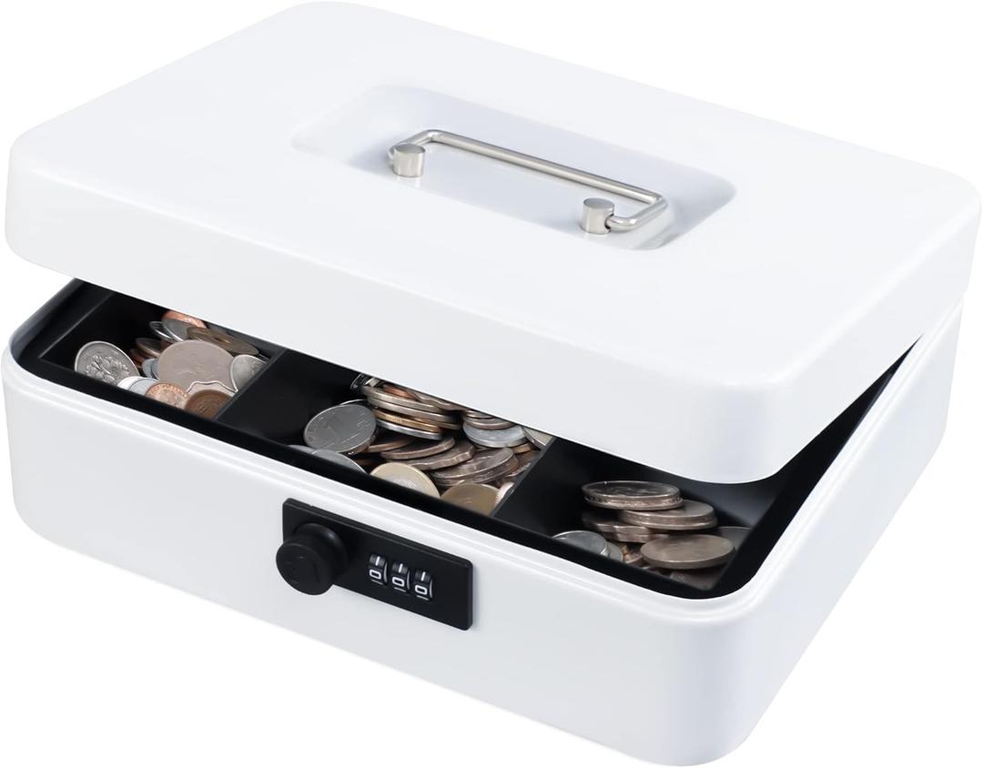 KYODOLED Large Cash Box with Combination Lock,Safe Metal Box for Money, Storage Lock Box with Money Tray,9.84"x 7.87"x 3.54" White Large