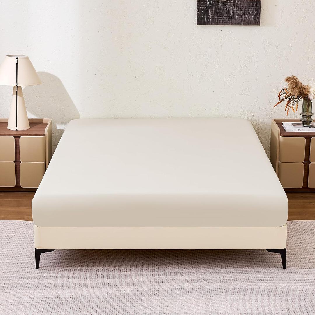 Amazon Basics Soft Fitted Sheet, Lightweight Bottom Sheet, 14-Inch Deep Pocket, Durable and Long Lasting, Easy Care, Twin, Beige, Pack of 1