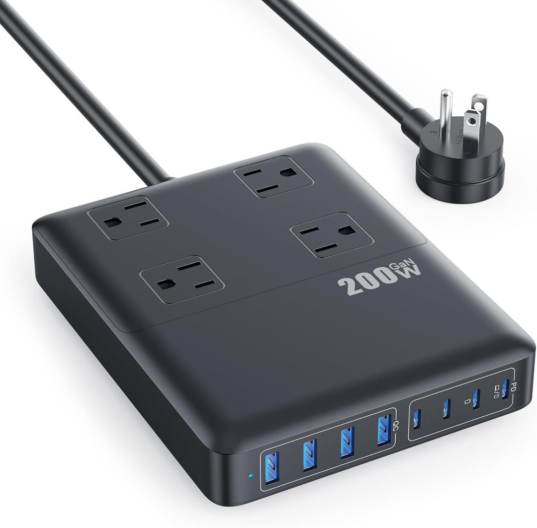 200W Charging Station,12-in-1 USB C Power Strip with Flat Plug and 5ft Extension Cord,4 AC Outlets,4 USB-A,4 USB-C Ports for iPhone 18/17/16/15,65W PD Fast Laptop Charger for MacBook, Home,Office,Dorm