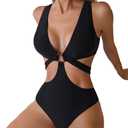 Women's Deep V Neck One Piece Swimsuit O-Ring Swimwear Sexy Cut Out Bathing Suit (Large, Black)
