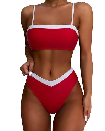 SUUKSESS Women Sexy Bandeau High Waited Two Piece Bikini Sets Cheeky High Cut Swimsuit Color Block Bathing Suit (Red White, Small)
