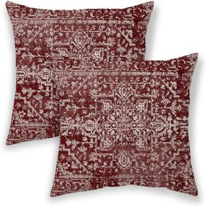 Boho Pillow Covers 18x18, Wine Red Burgundy Cream Ethnic Design Outdoor Decorative Throw Pillows for Couch, Carpet Pattern Decor Cushion Cover 2 Pcs Farmhouse Linen Pillowcase for Bed Car Safa