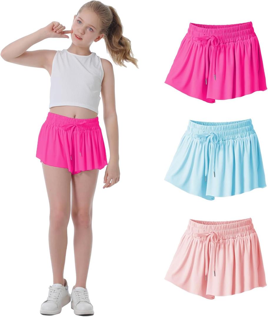 Flowy Shorts for Girls Butterfly Shorts for Kids Teens Preppy Tennis Running Athletic Shorts with Liner (8, Red+blue+pink)