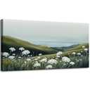 SLYCAY Large Neutral Coastal Landscape Wall Art for Living Room, White Flowers Meadow Green Seascape Oil Paintings, Nature Rustic House Decorations Bathroom Bedroom Office Artwork Pictures 29"X58"