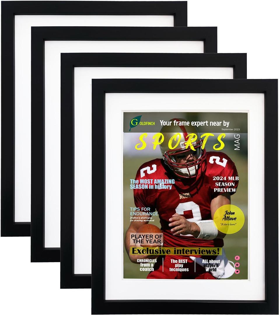 Goldfinch 4 Packs Sports Magazine Frames Displays Magazines Measuring 8.5 x 11.25 or 8.25 x 11 inches with Double White Core Matting, Deep Frame Moulding, with Installed Hangers