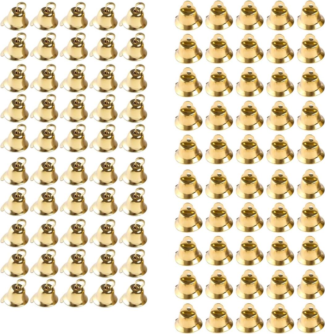 100PCS Small Gold Bells Mini Bells for Crafts,50PCS 0.39 Inch and 50PCS 0.55 Inch Decorative Bell Christmas Tree Pendants for Craft Making and Favor Decorating