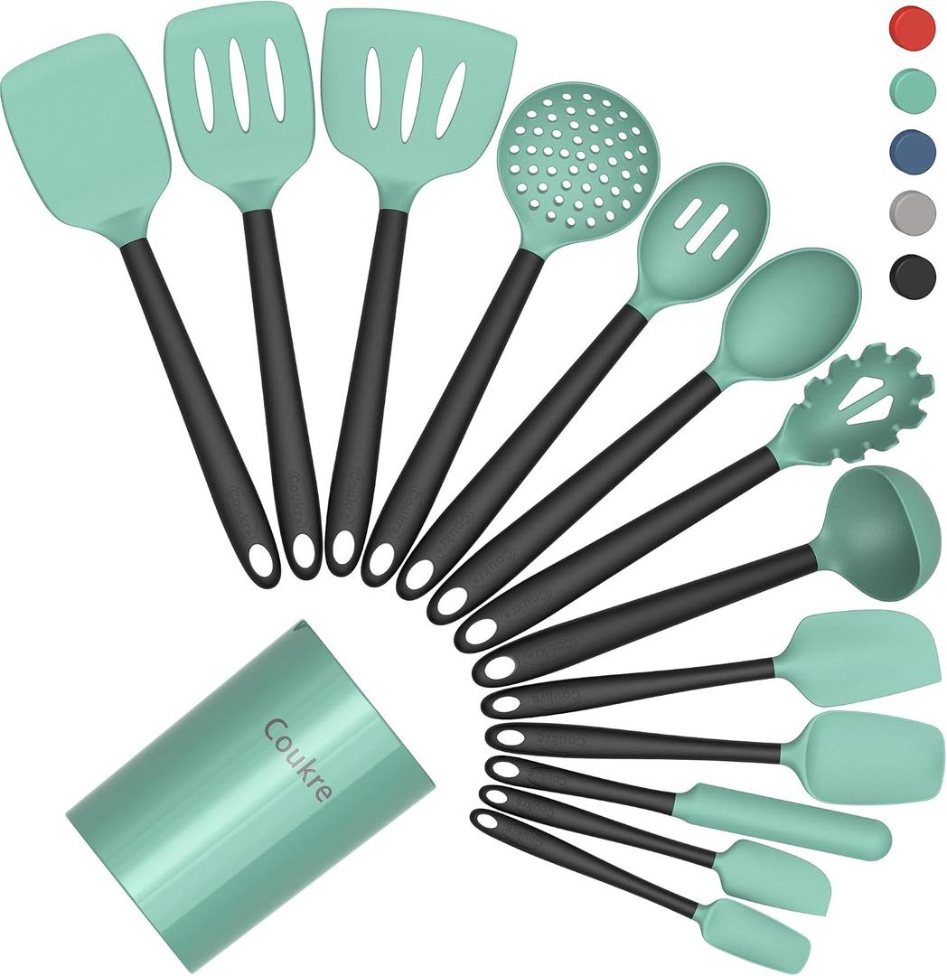 Coukre Silicone Kitchen Cooking Utensils Set with Holder Heat-Resistant, Food-Grade Kitchen Tools, Spatula, Spoon & Gadgets for Non-Stick Pans, Dishwasher Safe (14, AquaGreen)