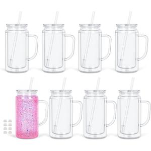8 Pack 16 Oz Snow Globe Tumbler with Handle, Acrylic Snow Globe Cups with Pre-drilled Hole and Plug, Double Wall Reusable Clear Plastic Travel Coffee Mug for Snowglobe Glitter DIY Gift (Clear)