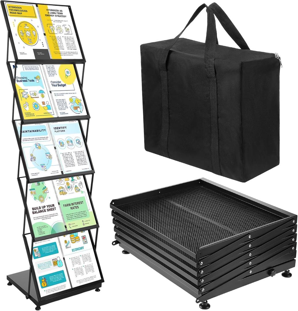 AmazingSpark Brochure Display Stand 5-Tier Foldable Magazine Rack Portable Double A4 Size Literature Brochure Holder Magazine Rack Metal 10 Pockets with Carrying Bag for Trade Show Exhibition Office