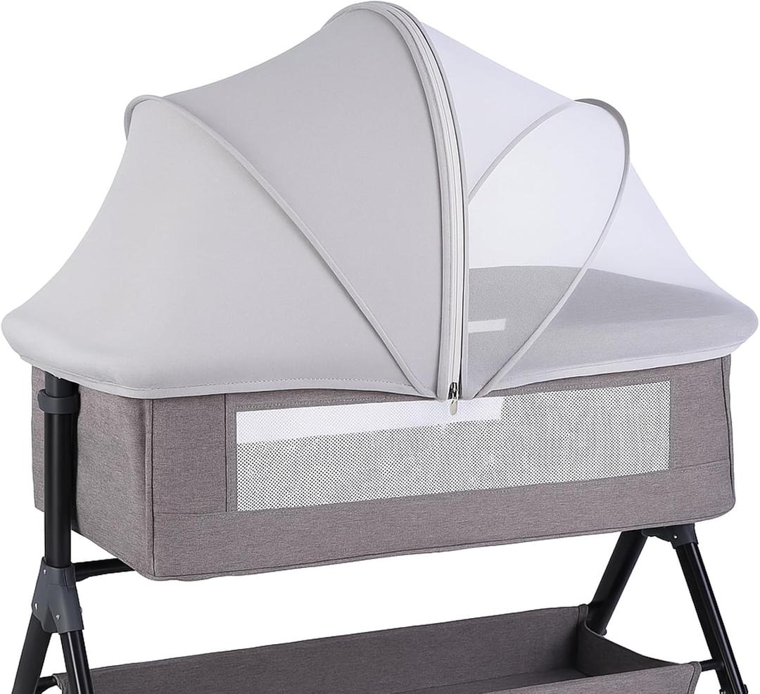 Portable Bassinet Cover with Mosquito Net & 2-Way Zipper, Mosquito Net to Block Light, Bassinet Bedside Sleeper Crib Tent for Toddler Baby, Keep Cats/Bugs OutGrey