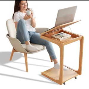 KASLANDI C Shaped Table for Couch, C Table with Wheels,Wooden Couch Table Adjustable Desktop for Living Room,Bedroom - Natural Color