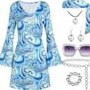 70s Disco Outfit Women, 7 PCS 70's Disco Dress Costume Hippie Clothes Accessories Jewelry Halloween (Blue)