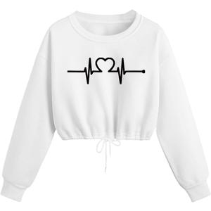 Floerns Women's Heart Graphic Sweatshirt Crew Neck Long Sleeve Drawstring Crop Casual Pullovers (White, S)