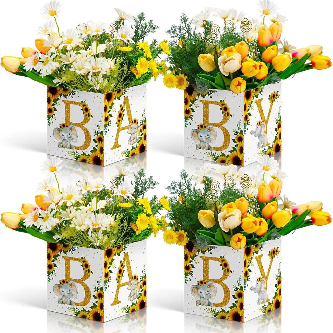 4 Pcs Baby Shower Sunflower Boxes Centerpiece Decoration Baby Flower Elephant Party Boxes Yellow Floral Table Display Gender Reveal Table Display Birthday Party Decors
