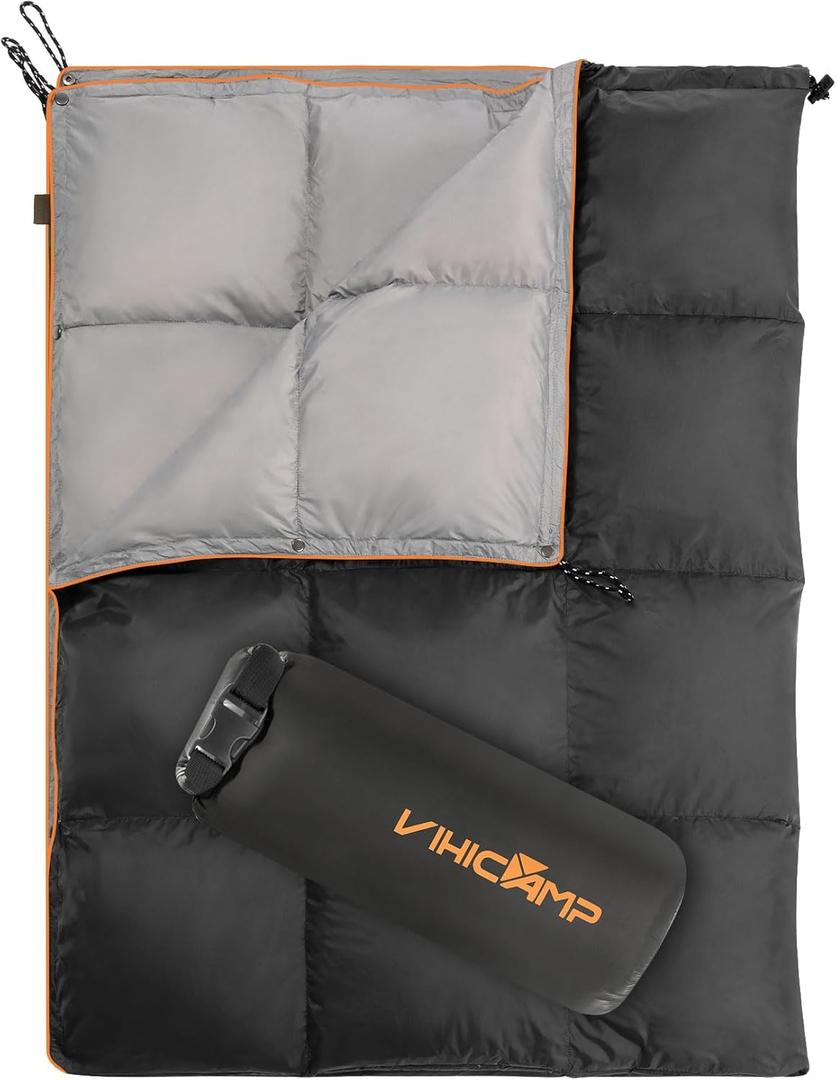 Down Camping Blanket - Lightweight Packable Outdoor Blanket, Water Resistant Camping Quilt for Hiking, Travel, Hammock, Warm and Compact Backpacking Quilt with Stuff Sack for Cold Weather (1.72 lb, Black/Orange)