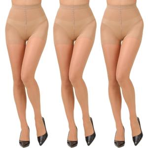 Paralinda 3 Pairs Women's 20D Pantyhose with Control Top and Reinforced Toes (Large, Nude)