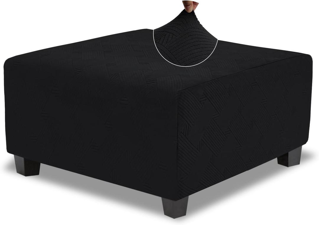 Ottoman Cover Rectangle Large Stretch Slipcover for Square and Rectangle Ottomans Soft Intertwined Pattern Footstool Cover with Elastic Bottom,Black,Large