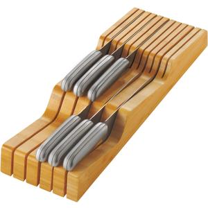 In-Drawer Knife Block - Bamboo Knife Drawer Organizer for Kitchen - Fits 5 Long + 6 Short Knives - Store Knives with Blades Pointing Down - Wooden Steak knife Holder without Knives - Chef Gift Idea (17" x 5.3" x 2")