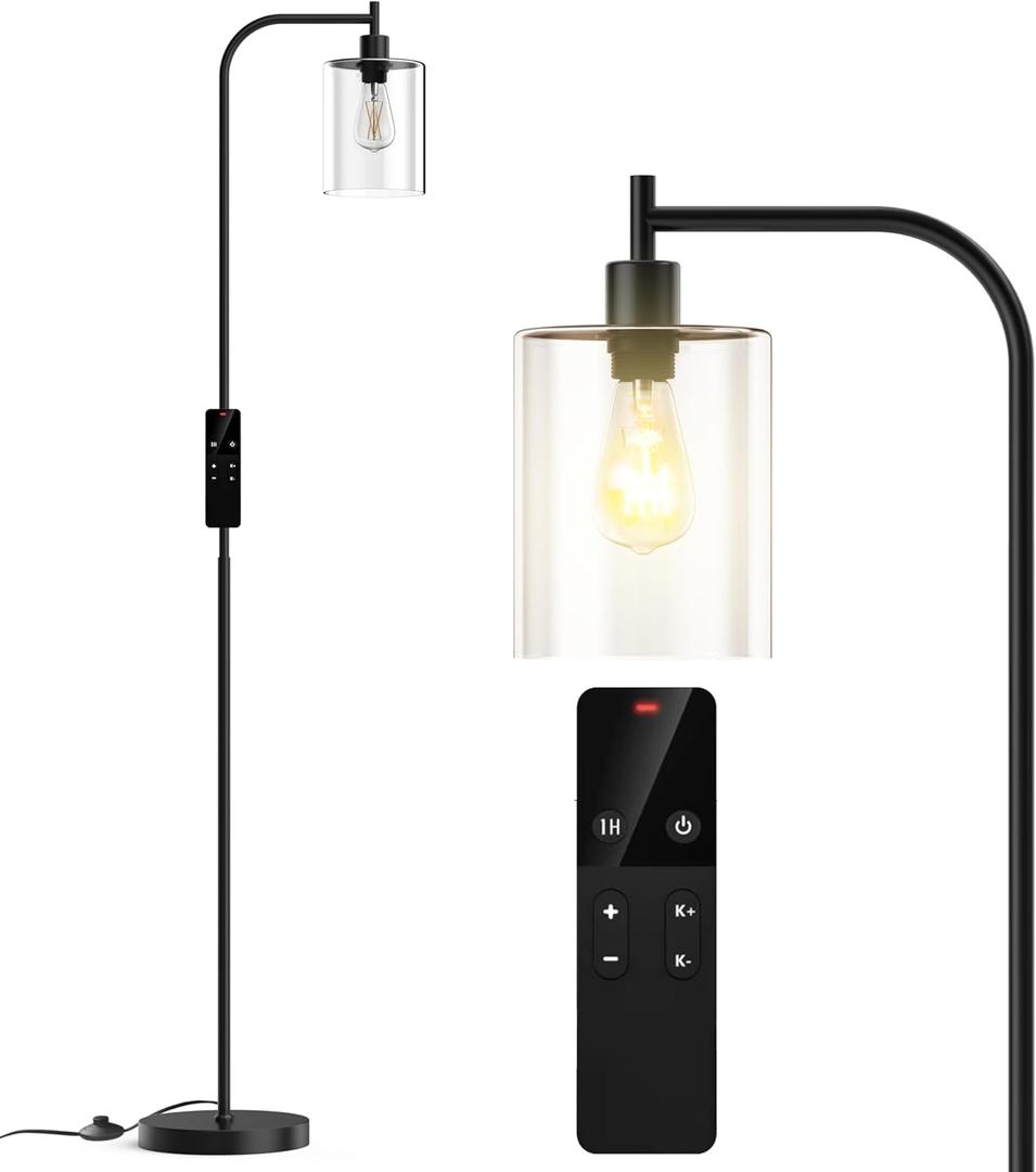 Wio-Mio Industrial Floor Lamp with Glass Shade, Modern Dimmable Floor lamp with Remote LED Bulbs, Tall Lamp for Living Room Corner, Bedroom, Office (Black)