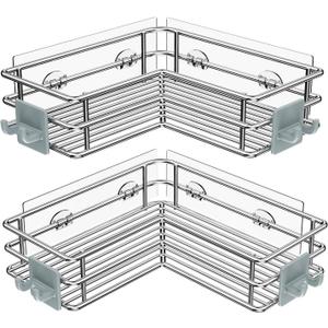 Nieifi Corner Shower Shelves Stainless Steel, Adhesive Shower Caddy Basket Rack with Hooks, Rust Proof for Bathroom Shelf Shampoo Holder (Silver, 2 Pack)