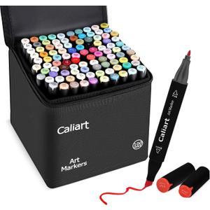 Caliart Markers, 100 Colors Dual Tip Art Markers Sketch Pens Permanent, with Case for Adults Artists Drawing Illustration Sketching Coloring (Black Barrel)